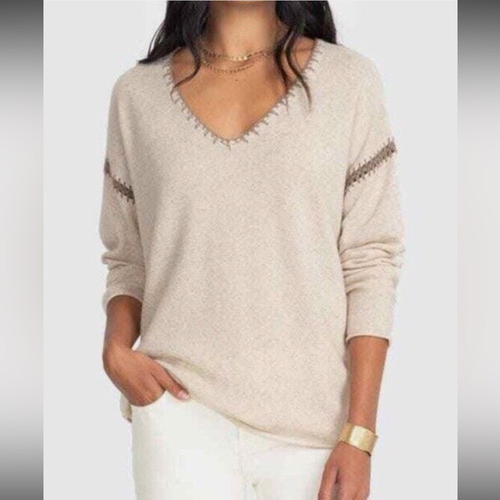 JOHNNY WAS Whipstitch Pullover Cashmere Sweater‎ in Oatmeal size Small